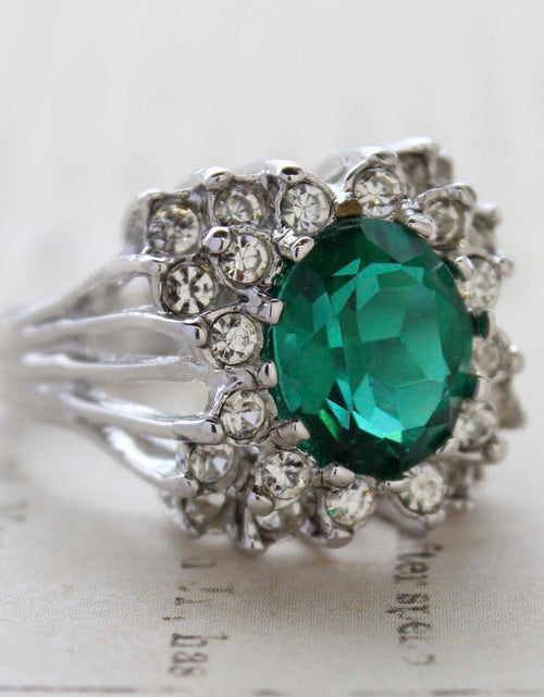 Load image into Gallery viewer, Vintage Emerald Green Crystal Cabochon Stone &amp; Clear Crystal Ring in 18kt Yellow Gold Electroplate by PVD Vintage Jewelry
