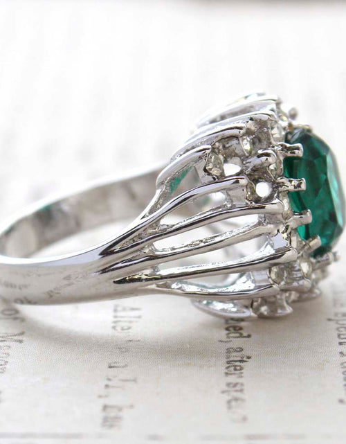 Load image into Gallery viewer, Vintage Emerald Green Crystal Cabochon Stone &amp; Clear Crystal Ring in 18kt Yellow Gold Electroplate by PVD Vintage Jewelry
