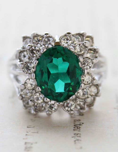 Load image into Gallery viewer, Vintage Emerald Green Crystal Cabochon Stone &amp; Clear Crystal Ring in 18kt Yellow Gold Electroplate by PVD Vintage Jewelry
