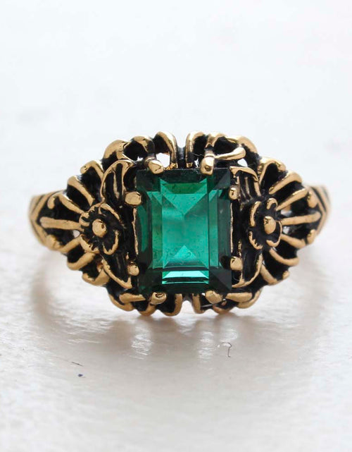 Load image into Gallery viewer, Vintage Ring Emerald Cut Emerald Austrian Crystal 18kt Antiqued Yellow Gold Plated Filligree Ring by PVD Vintage Jewelry
