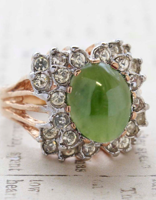 Load image into Gallery viewer, Vintage Emerald Green Crystal Cabochon Stone &amp; Clear Crystal Ring in 18kt Yellow Gold Electroplate by PVD Vintage Jewelry
