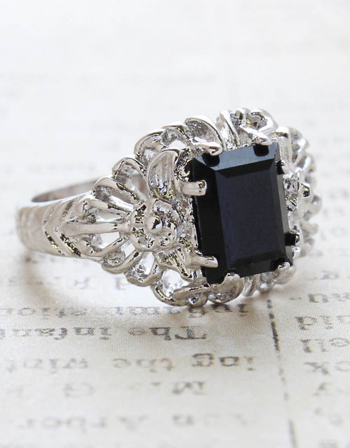Load image into Gallery viewer, Vintage Ring Emerald Cut Emerald Austrian Crystal 18kt Antiqued Yellow Gold Plated Filligree Ring by PVD Vintage Jewelry
