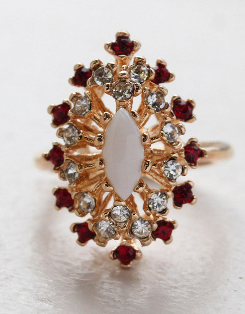 Load image into Gallery viewer, Vintage Ring Genuine Opal with Clear and Ruby Austrian Crystals 18kt Yellow Gold Electroplated by PVD Vintage Jewelry
