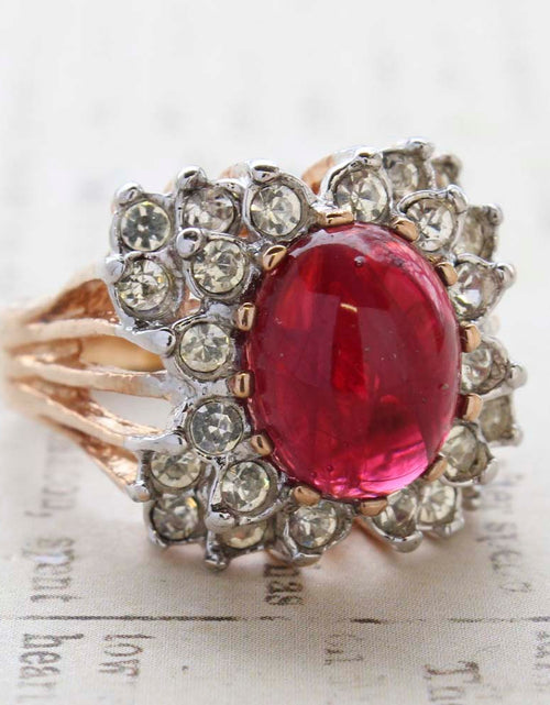 Load image into Gallery viewer, Vintage Emerald Green Crystal Cabochon Stone &amp; Clear Crystal Ring in 18kt Yellow Gold Electroplate by PVD Vintage Jewelry
