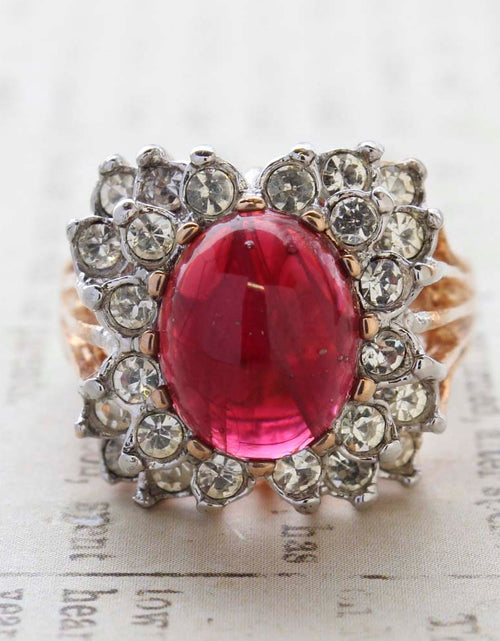 Load image into Gallery viewer, Vintage Emerald Green Crystal Cabochon Stone &amp; Clear Crystal Ring in 18kt Yellow Gold Electroplate by PVD Vintage Jewelry
