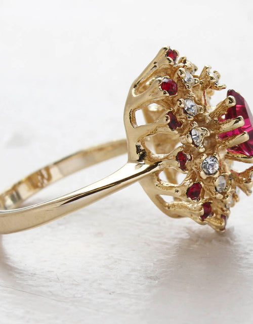 Load image into Gallery viewer, Vintage Ring Genuine Opal with Clear and Ruby Austrian Crystals 18kt Yellow Gold Electroplated by PVD Vintage Jewelry
