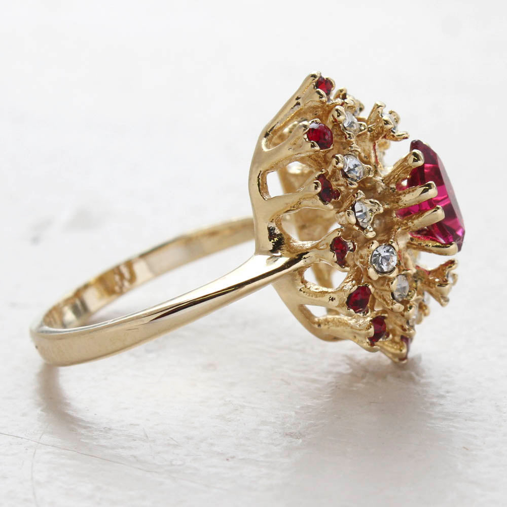 Vintage Ring Genuine Opal with Clear and Ruby Austrian Crystals 18kt Yellow Gold Electroplated by PVD Vintage Jewelry
