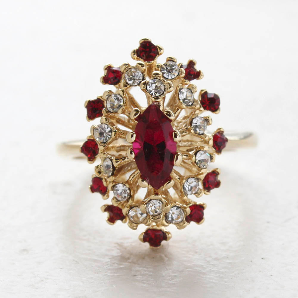 Vintage Ring Genuine Opal with Clear and Ruby Austrian Crystals 18kt Yellow Gold Electroplated by PVD Vintage Jewelry