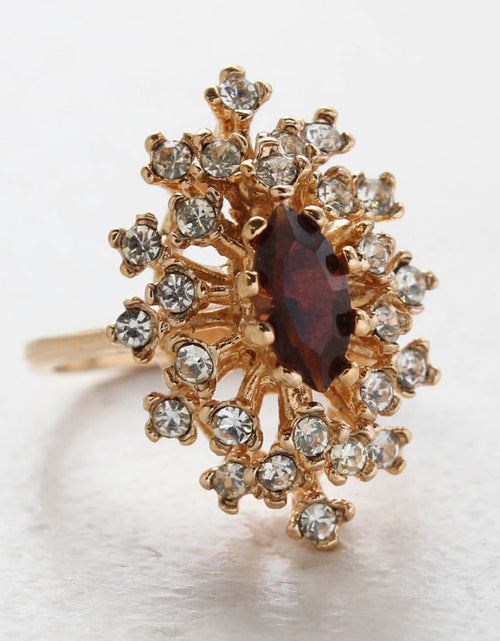 Load image into Gallery viewer, Vintage Ring Genuine Opal with Clear and Ruby Austrian Crystals 18kt Yellow Gold Electroplated by PVD Vintage Jewelry
