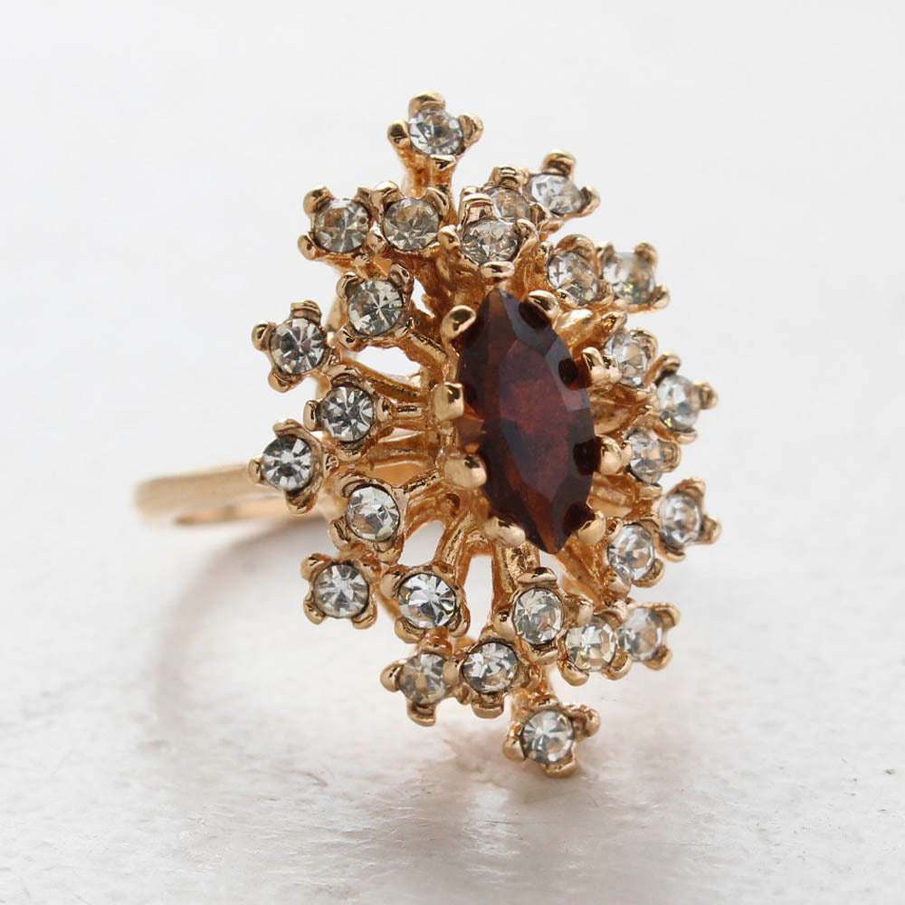 Vintage Ring Genuine Opal with Clear and Ruby Austrian Crystals 18kt Yellow Gold Electroplated by PVD Vintage Jewelry