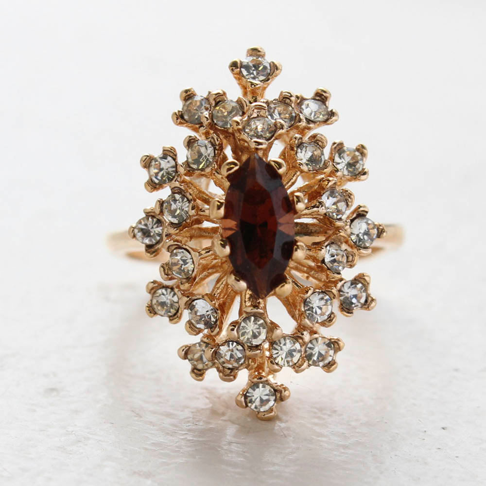 Vintage Ring Genuine Opal with Clear and Ruby Austrian Crystals 18kt Yellow Gold Electroplated by PVD Vintage Jewelry