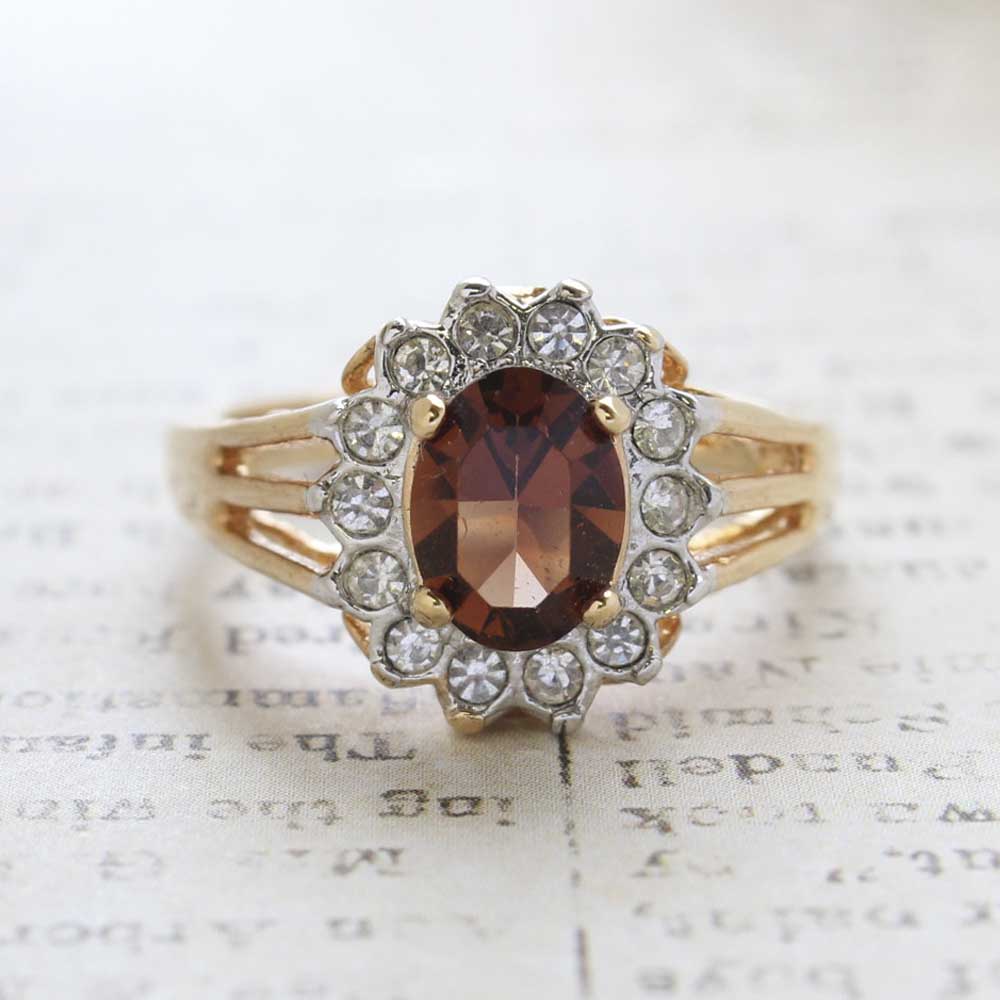 Vintage Jewelry Genuine Stone or Crystal Surrounded by Clear Austrian Crystals Ring Made in the USA by PVD Vintage Jewelry