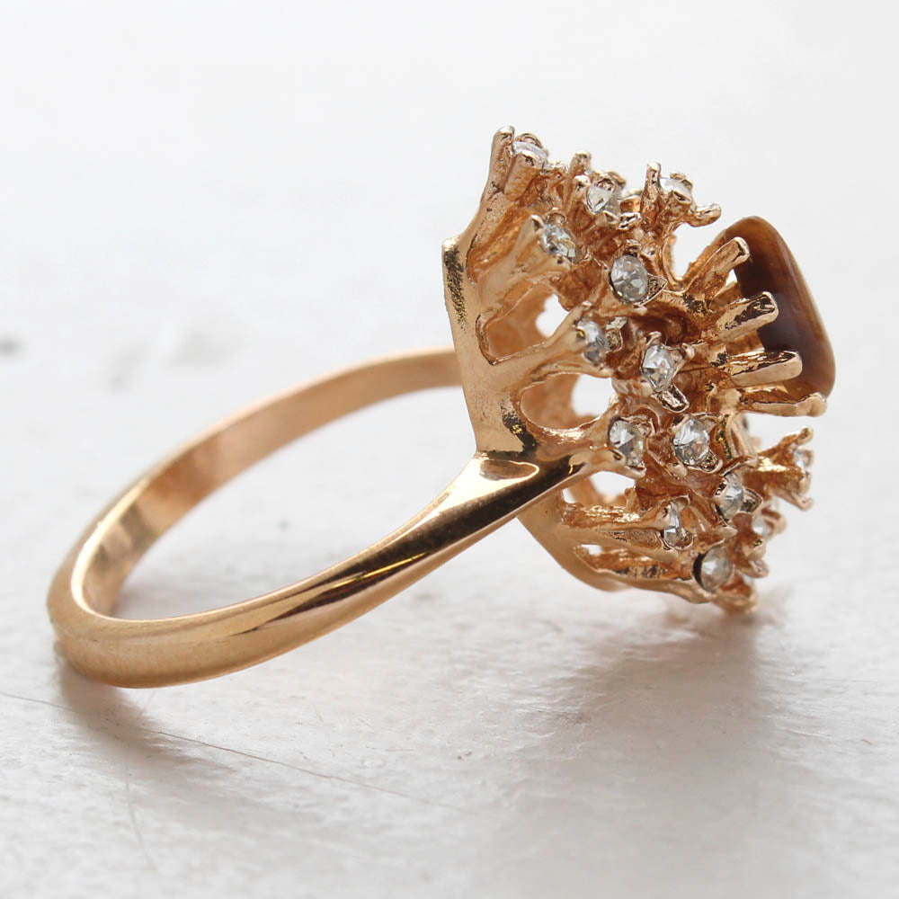 Vintage Ring Genuine Opal with Clear and Ruby Austrian Crystals 18kt Yellow Gold Electroplated by PVD Vintage Jewelry