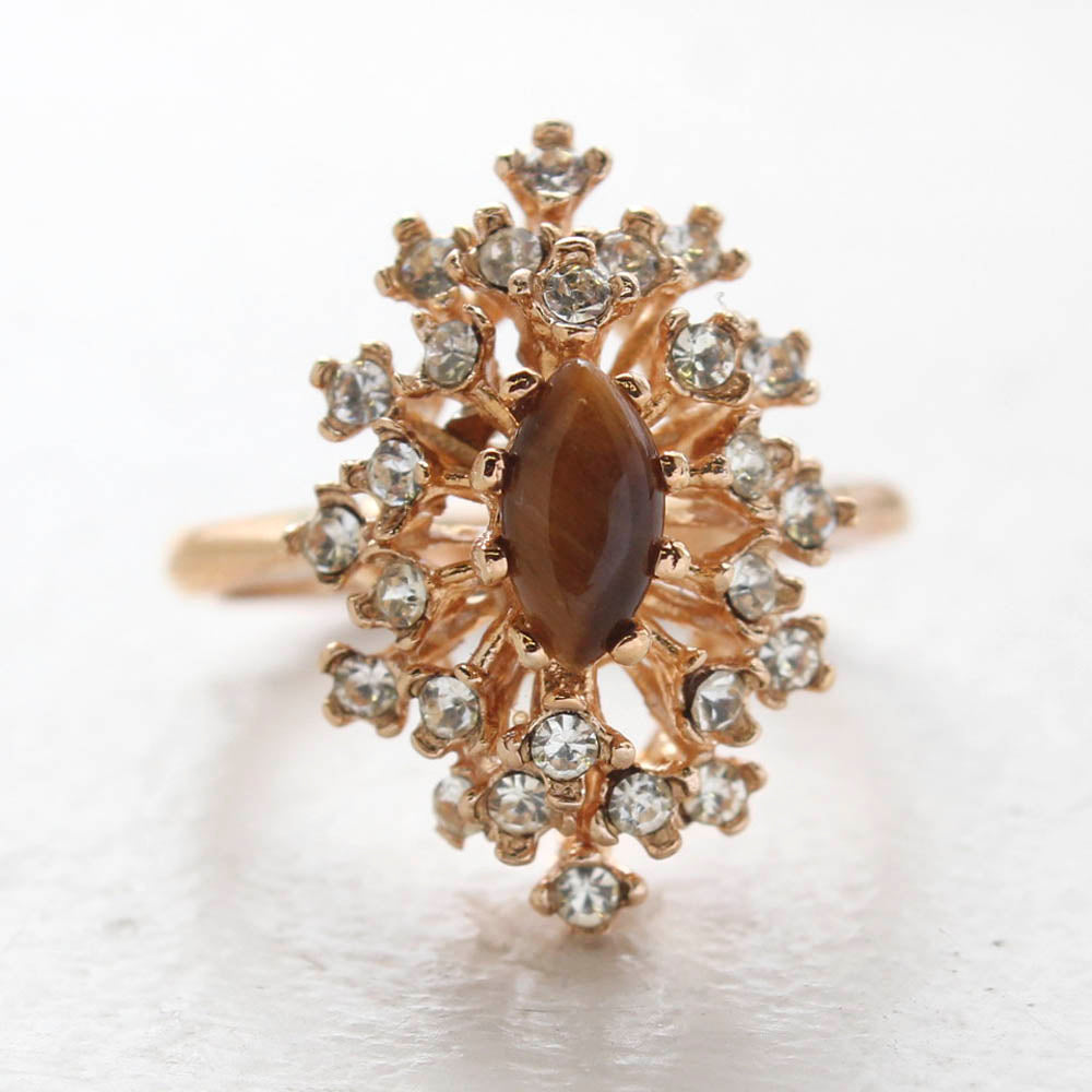 Vintage Ring Genuine Opal with Clear and Ruby Austrian Crystals 18kt Yellow Gold Electroplated by PVD Vintage Jewelry