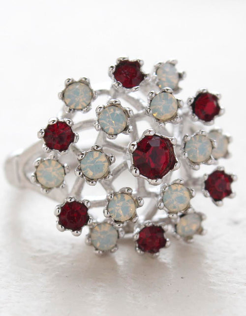 Load image into Gallery viewer, Vintage Ring Ruby Austrian Crystals and Pinfire Opals 18k White Gold Electroplate Made in the USA by PVD Vintage Jewelry
