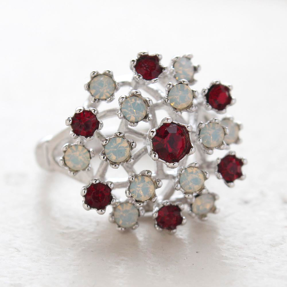 Vintage Ring Ruby Austrian Crystals and Pinfire Opals 18k White Gold Electroplate Made in the USA by PVD Vintage Jewelry