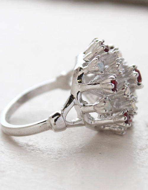 Load image into Gallery viewer, Vintage Ring Ruby Austrian Crystals and Pinfire Opals 18k White Gold Electroplate Made in the USA by PVD Vintage Jewelry
