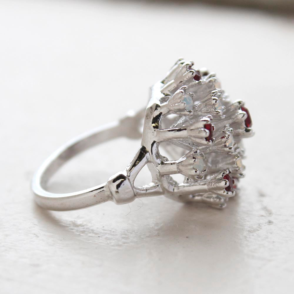 Vintage Ring Ruby Austrian Crystals and Pinfire Opals 18k White Gold Electroplate Made in the USA by PVD Vintage Jewelry