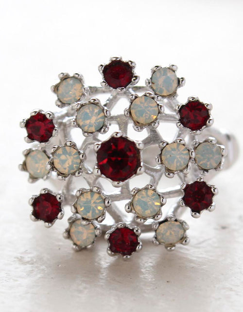 Load image into Gallery viewer, Vintage Ring Ruby Austrian Crystals and Pinfire Opals 18k White Gold Electroplate Made in the USA by PVD Vintage Jewelry
