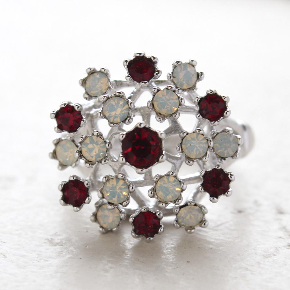 Vintage Ring Ruby Austrian Crystals and Pinfire Opals 18k White Gold Electroplate Made in the USA by PVD Vintage Jewelry