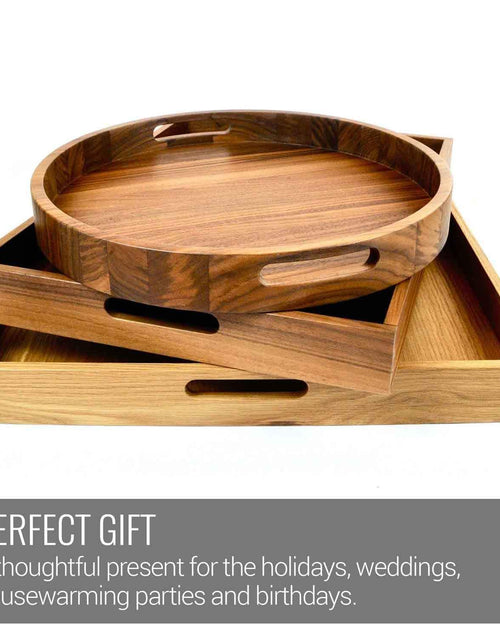 Load image into Gallery viewer, 16.5 Inch Round Walnut Wood Serving and Coffee Table Tray with Handles by Virginia Boys Kitchens
