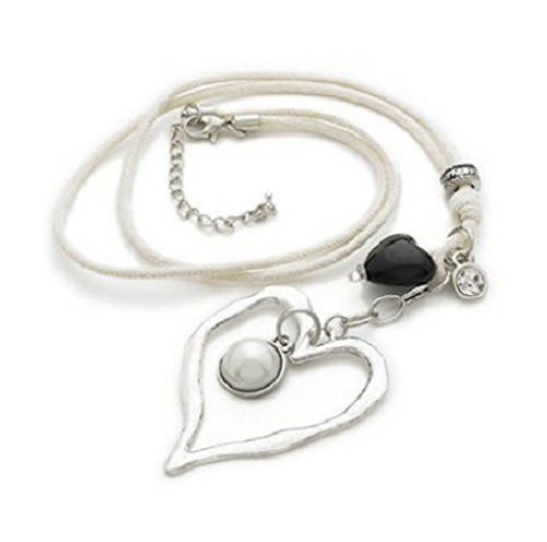 Load image into Gallery viewer, Silver Tone 'Hearts of Inspiration' Crystal Agate Diamante Pendant Leather Cord Necklace 41cm-49cm by Liberty Charms USA
