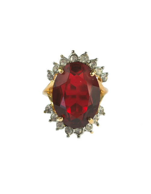 Load image into Gallery viewer, Vintage 1970's Ring Ruby and Clear Austrian Crystals 18k Yellow Gold Plated Band Made in USA by PVD Vintage Jewelry
