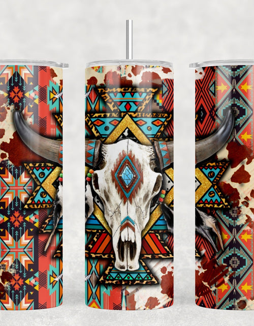 Load image into Gallery viewer, Western Aztec Bull Skull|Skinny Tumbler|Optional Bluetooth Speaker| Speaker Color Varies by Rowdy Ridge Co
