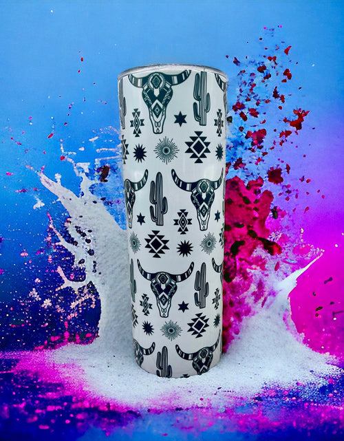 Load image into Gallery viewer, Western Bull Skull  - 20 oz Steel Skinny Tumbler - Optional Blue Tooth Speaker - Speaker Color will Vary by Rowdy Ridge Co
