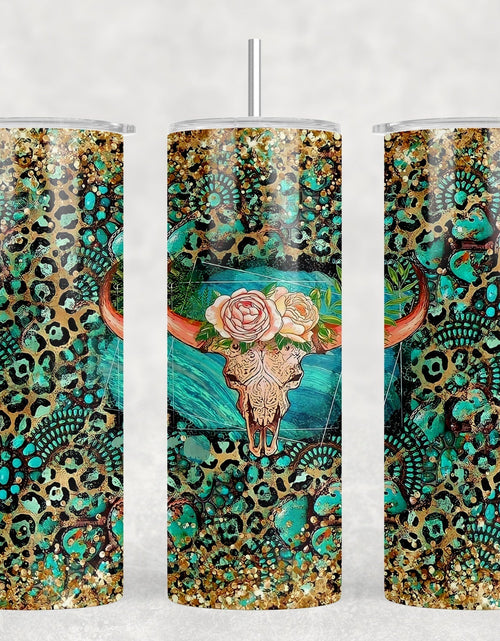 Load image into Gallery viewer, Western Bull Skull  - 20 oz Steel Skinny Tumbler - Optional Blue Tooth Speaker - Speaker Color will Vary by Rowdy Ridge Co
