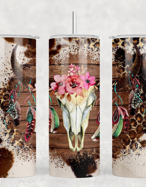 Load image into Gallery viewer, Western Bull Skull  - 20 oz Steel Skinny Tumbler - Optional Blue Tooth Speaker - Speaker Color will Vary by Rowdy Ridge Co
