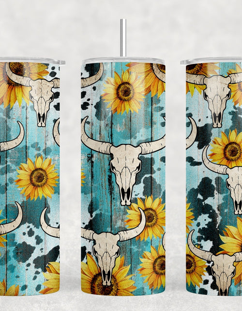 Load image into Gallery viewer, Western Sunflower Bull Skulls - 20 oz Steel Skinny Tumbler - Optional Blue Tooth Speaker - Speaker Color will Vary by Rowdy Ridge Co
