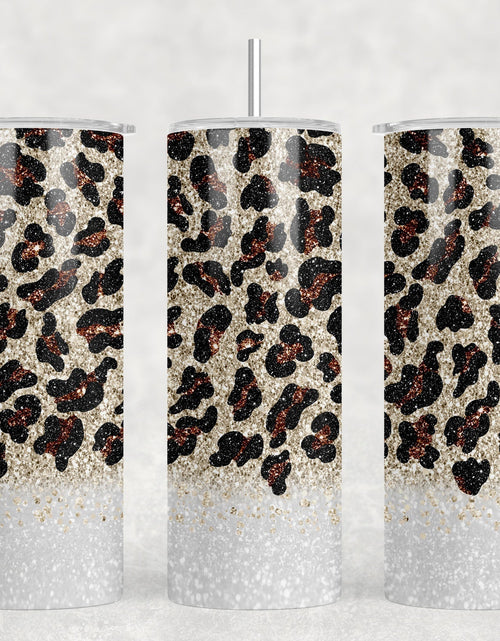 Load image into Gallery viewer, White faux glitter Leopard Print - 20 oz Steel Skinny Tumbler - Optional Blue Tooth Speaker - Speaker Color will Vary by Rowdy Ridge Co
