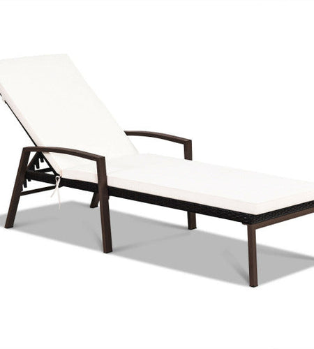 Patio Rattan Lounge Chaise Recliner with Back Adjustable Cushioned-White
