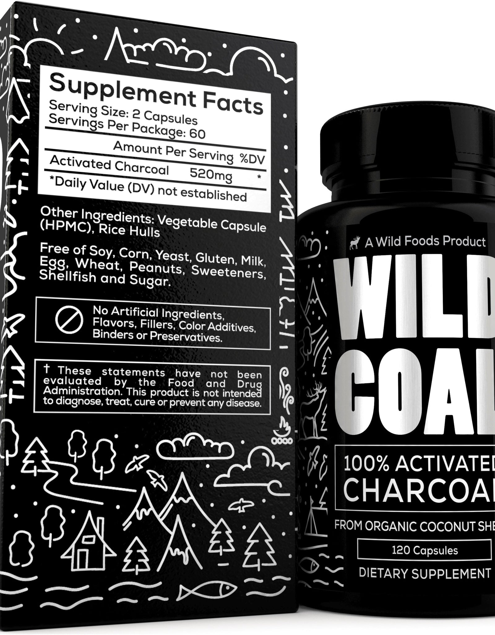 Activated Charcoal Capsules made from 100% Organic Coconuts, 120ct by Wild Foods