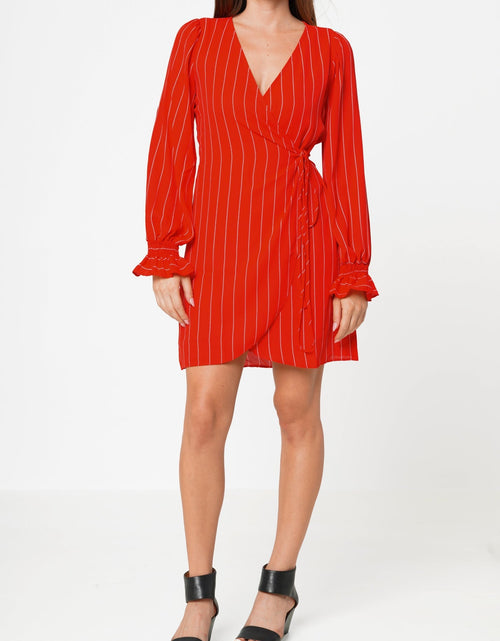 Load image into Gallery viewer, Smocked Bell Sleeve Wrap Dress in Red by Shop at Konus
