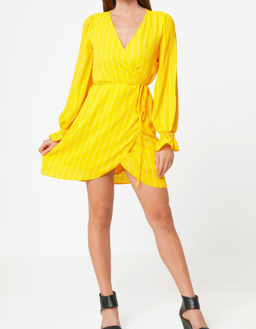 Load image into Gallery viewer, Smocked Bell Sleeve Wrap Dress in Yellow by Shop at Konus
