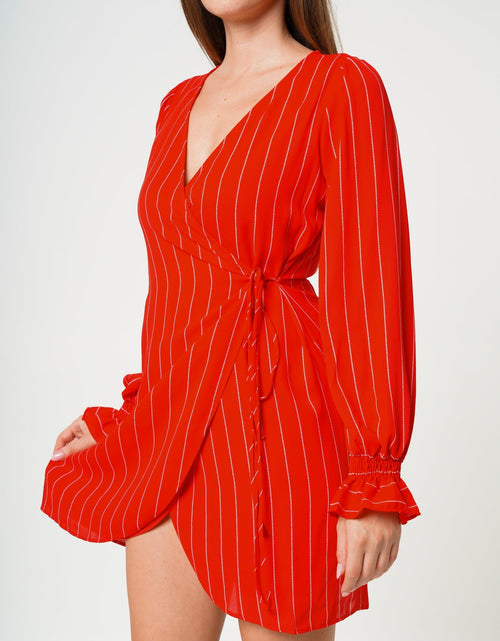 Load image into Gallery viewer, Smocked Bell Sleeve Wrap Dress in Red by Shop at Konus
