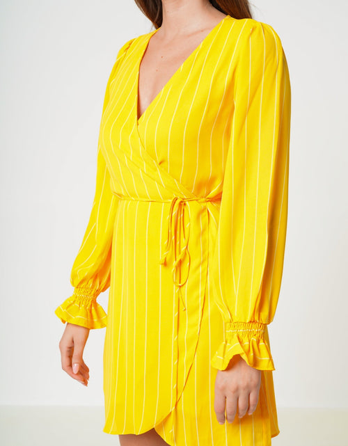 Load image into Gallery viewer, Smocked Bell Sleeve Wrap Dress in Yellow by Shop at Konus
